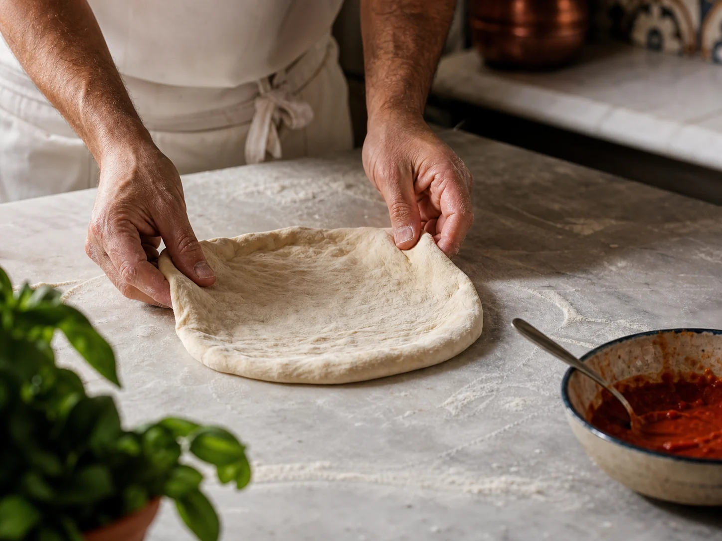 Masa de pizza estirada a mano en la cocina de Playa Verde