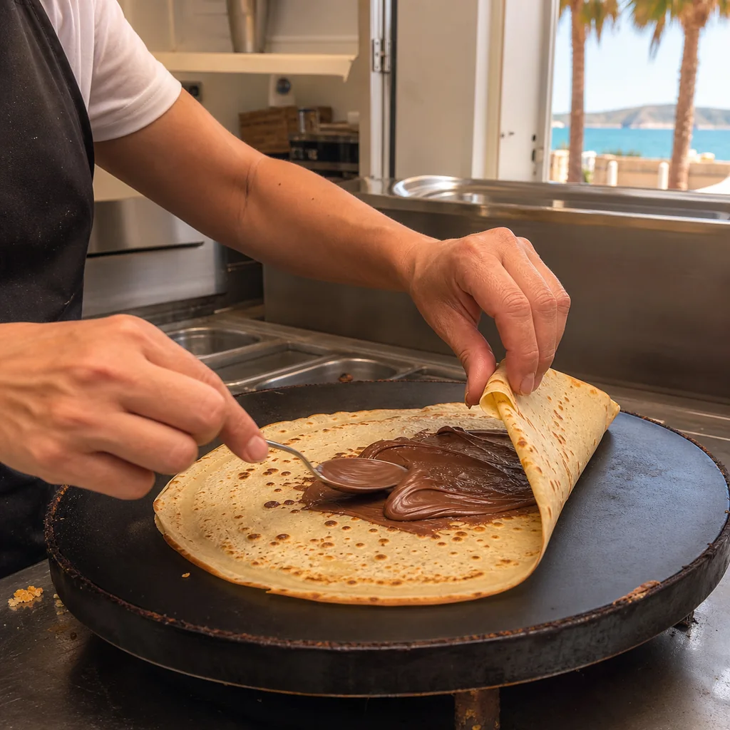 Crêpe con chocolate, helado y toppings en Cala Millor