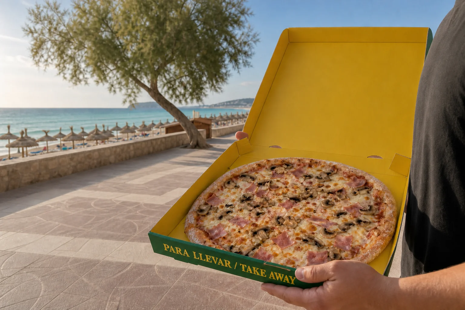 Pizza artesana en la caja amarilla de Playa Verde frente a la playa de Cala Millor